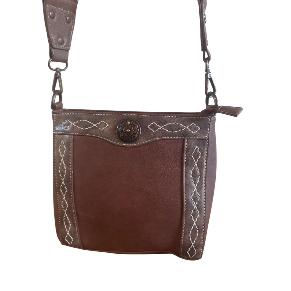 Nocana Brown Leather Concealed Carry Crossbody Purse Concho Textile Design Strap